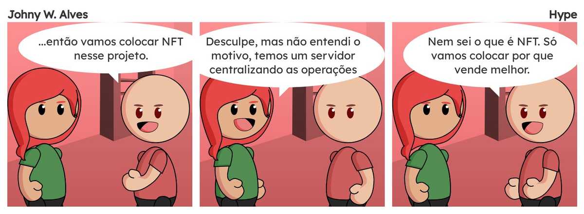 Quadro 1. Sophie e Afonso conversando no escritório Afonso fala "...então vamos colocar NFT nesse projeto.". Quadro 2. Sophie fala "Desculpe, mas não entendi o motivo, temos um servidor centralizando as operações". Quadro 3. Afonso fala "Nem sei o que é NFT. Só vamos colocar por que vende melhor.".