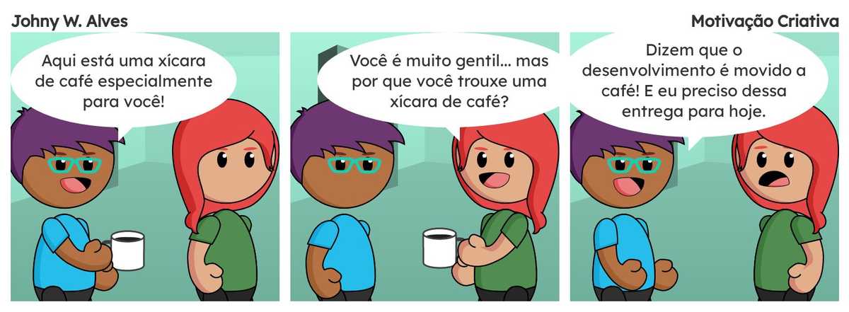 Tirinha com título Motivação Criativa e conteúdo Quadro 1. Rafiq fala "Aqui está uma xícara de café especialmente para você!" . Quadro 2. Sophie fala "Você é muito gentil... mas por que você trouxe uma xícara de café?" . Quadro 3. Rafiq fala "Dizem que o desenvolvimento é movido a café! E eu preciso dessa entrega para hoje." .